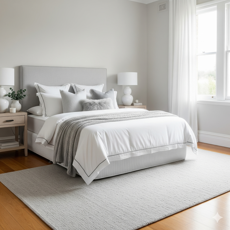 bedroom with a classic white and soft grey color combination.